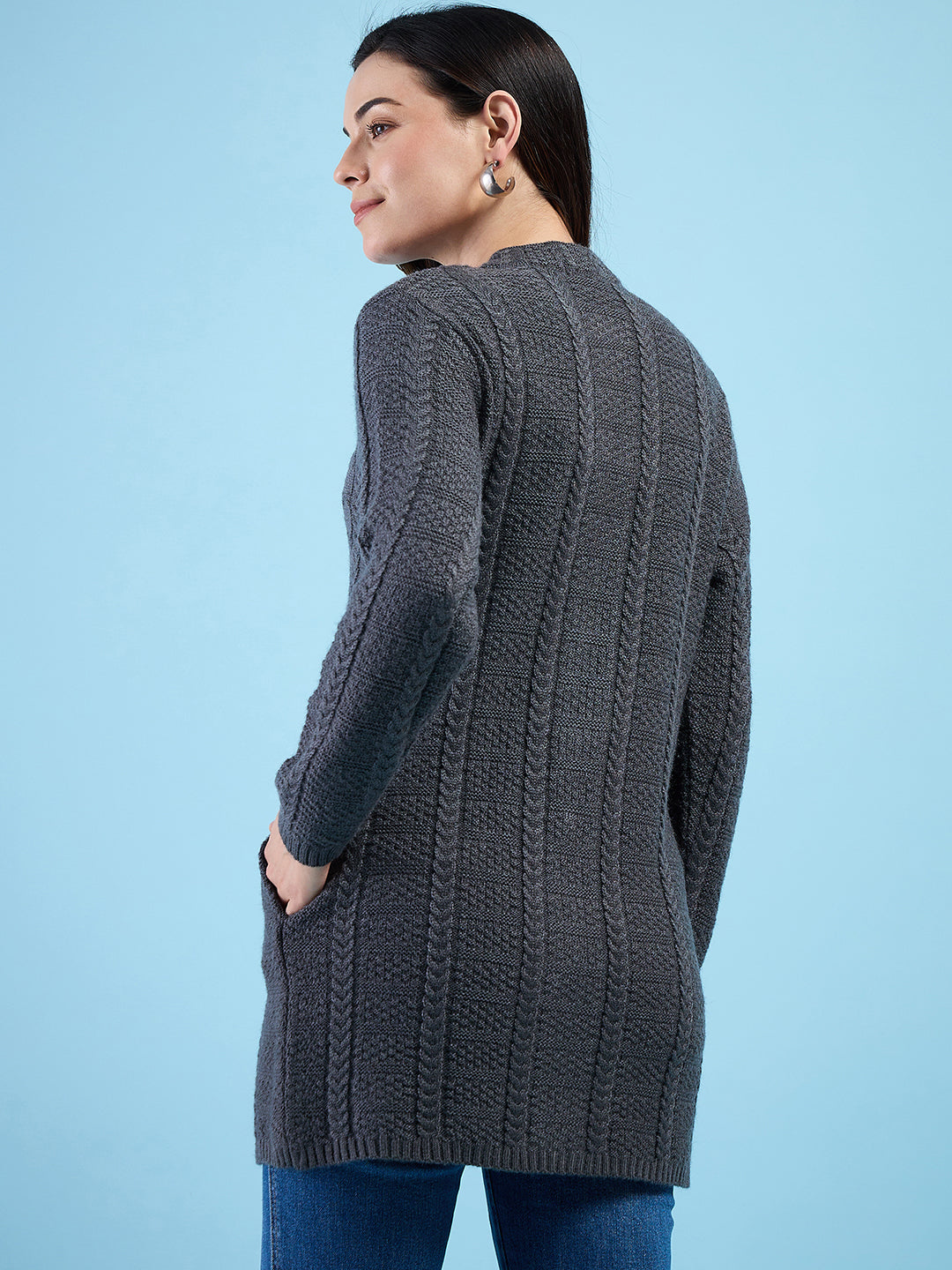 Clapton Cable Knit Design Woolen Longline Cardigan Sweater for women and Girls Dark Grey