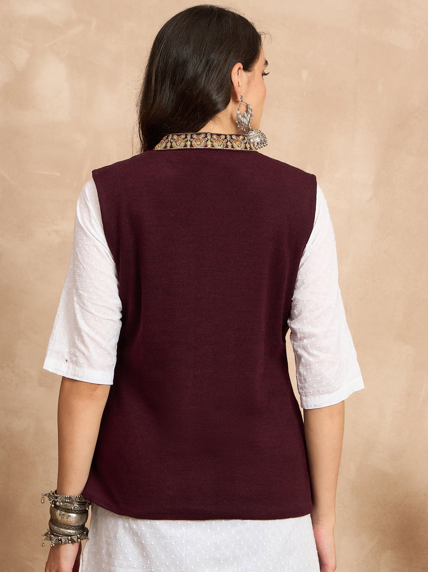 CLAPTON EMBROIDERY SLEEVELESS WINE BLAZER FOR WOMEN