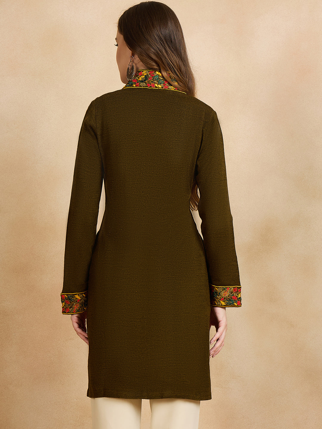 Women's Dark Green Embroidered Sleeves, Floral Pattern, Winter Wear, Open Neck Shrug