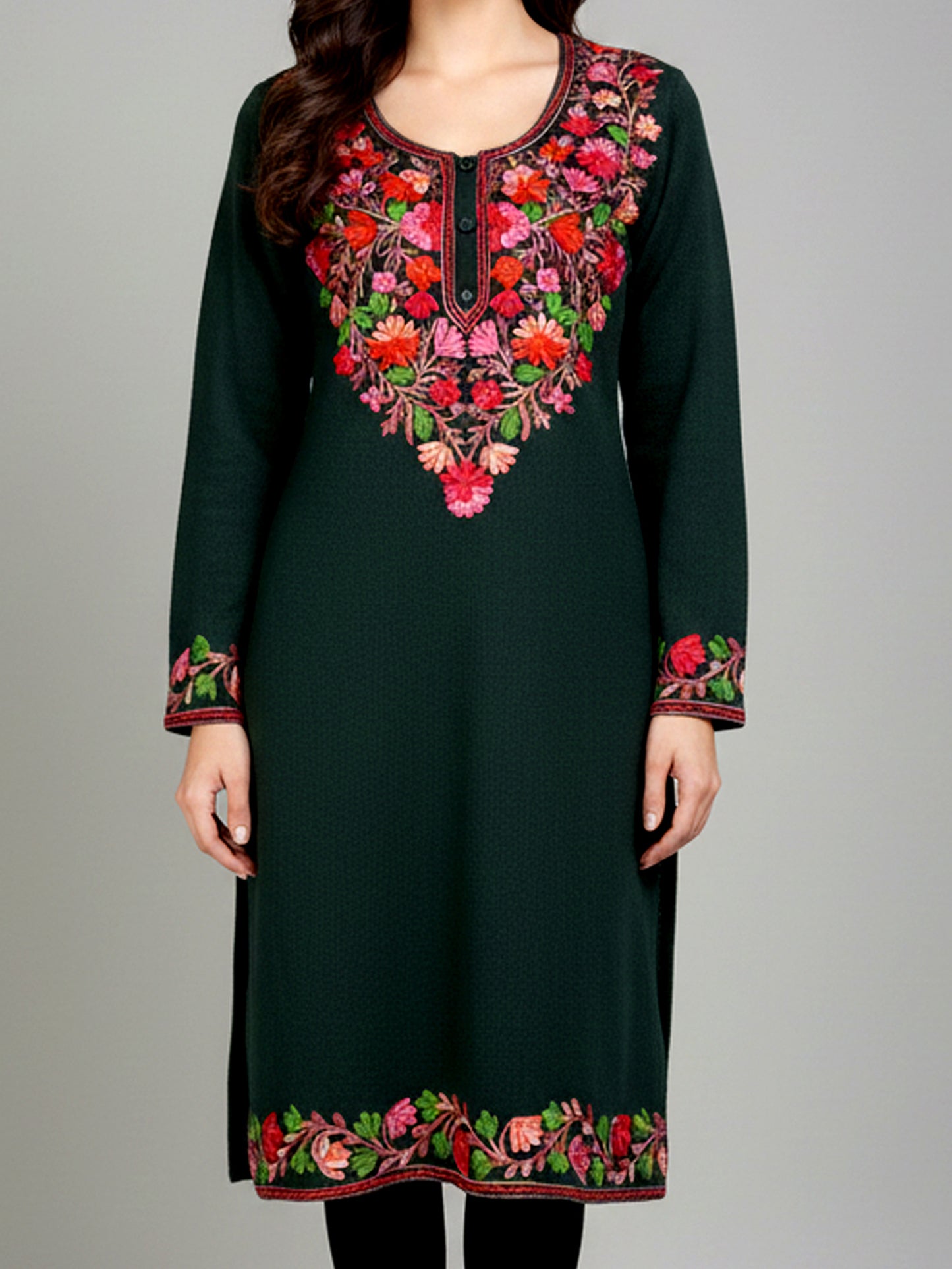Clapton Mehndi Wolen Winter wear Embroidered Kashmiri Aari Work Kurta (PHERAN)