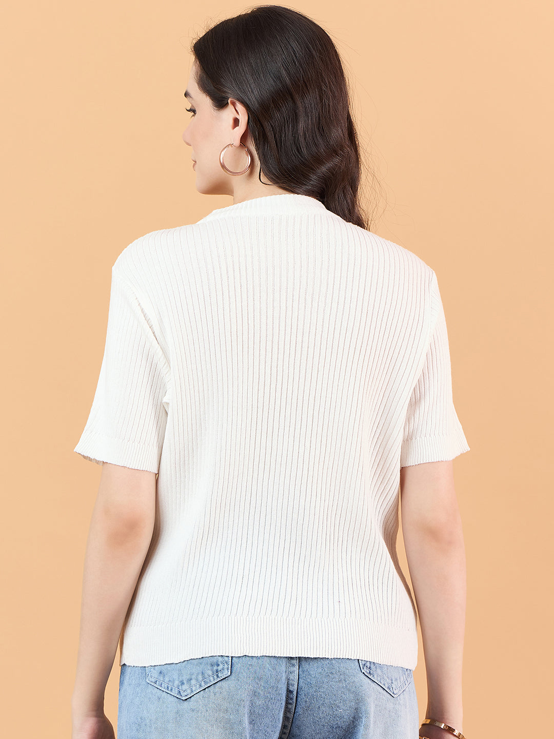 Ladies Short Sleeve Knitted cotton T Shirt solid Color White