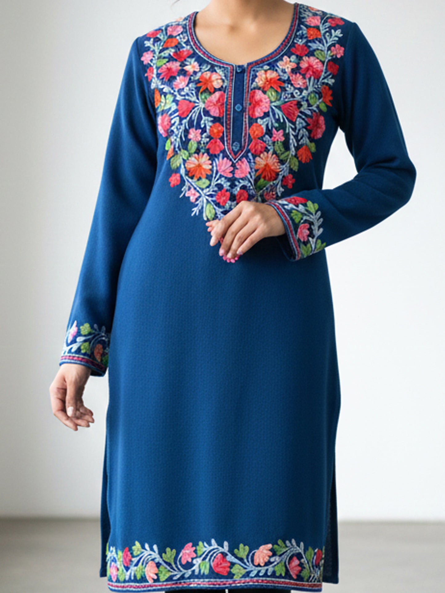 Clapton Blue Wolen Winter wear Embroidered Kashmiri Aari Work Kurta (PHERAN)