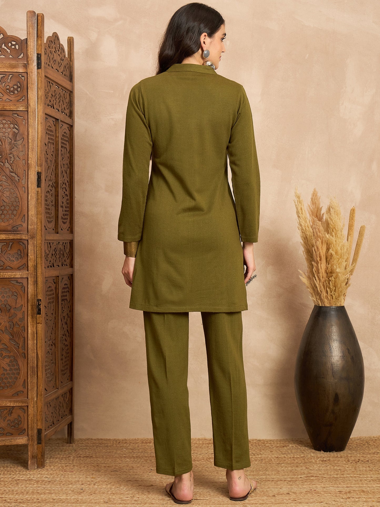 CLAPTON Women’s Green Wool Blend Embroidered Kurti & Pant Set – 2 Piece Winter Wear