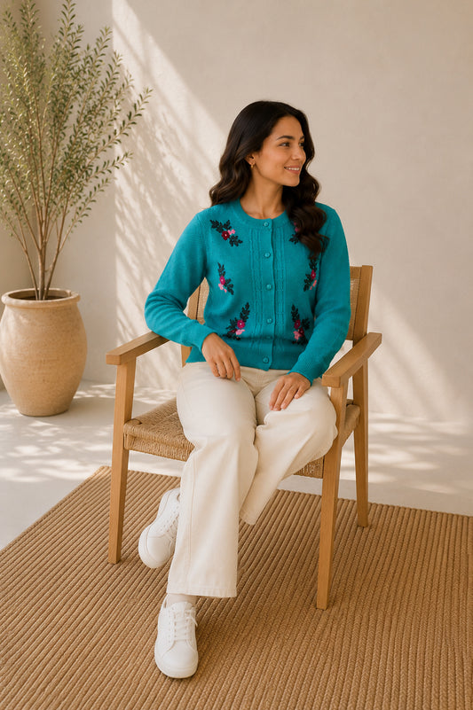 Women'S Floral Embroidered Knit Cardigan, Round Neck, Button-Front, Long Sleeve Sweater Pista