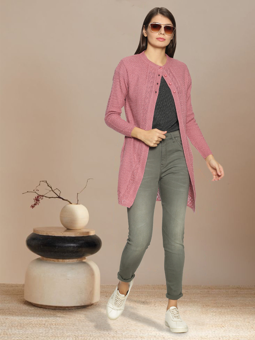 Wool Blend Round Neck Peach Long Shrug