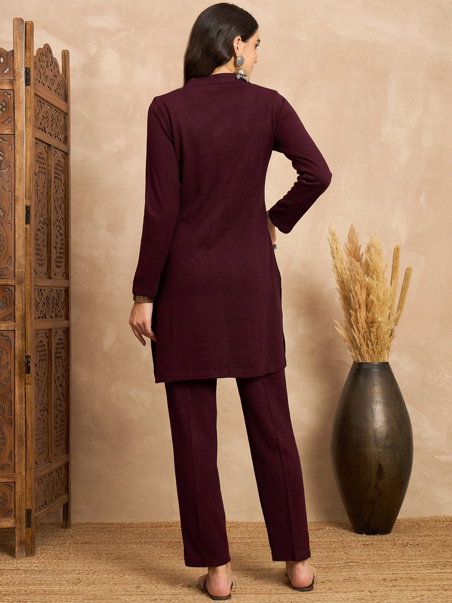 CLAPTON Women’s MAHROON Wool Blend Embroidered Kurti & Pant Set – 2 Piece Winter Wear