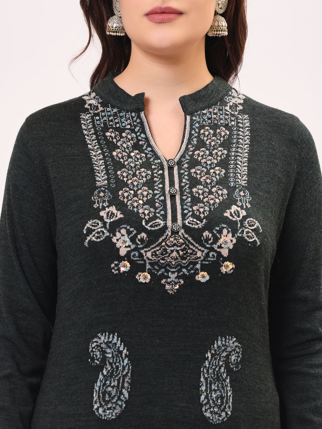 Clapton Pure Wool Winter Wear Embroidered Straight Kurta Pant With Dupatta Set Grey Mixture