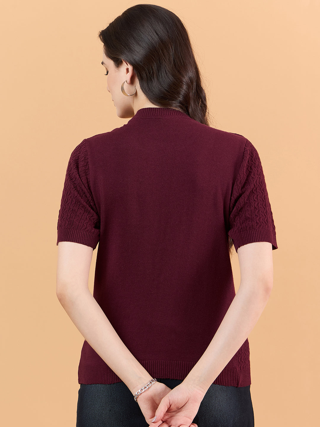 Ladies Short Sleeve Knitted cotton T Shirt solid Color maroon