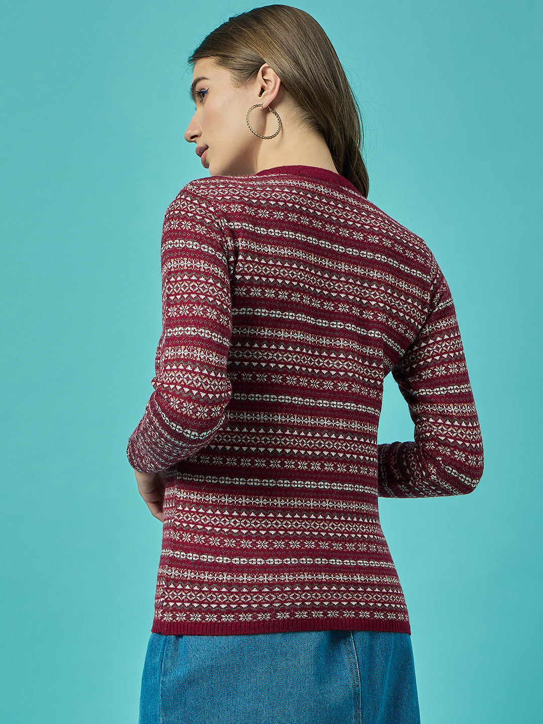 Women Mehroon Self Striped Round Neck Cardigan