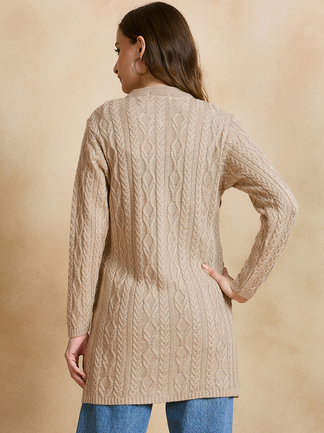 Clapton Cable Knit Design Woolen Longline Cardigan Sweater for women and Girls BEIGE