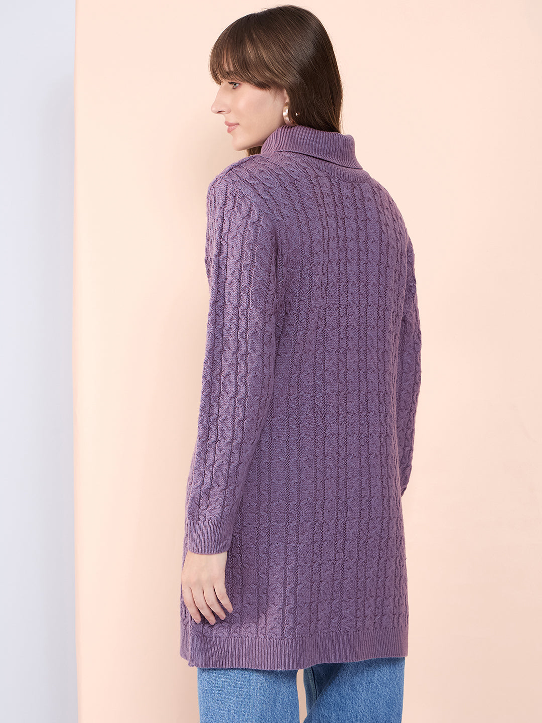 Clapton High Neck Cable Knitted Woolen Dress Mauve
