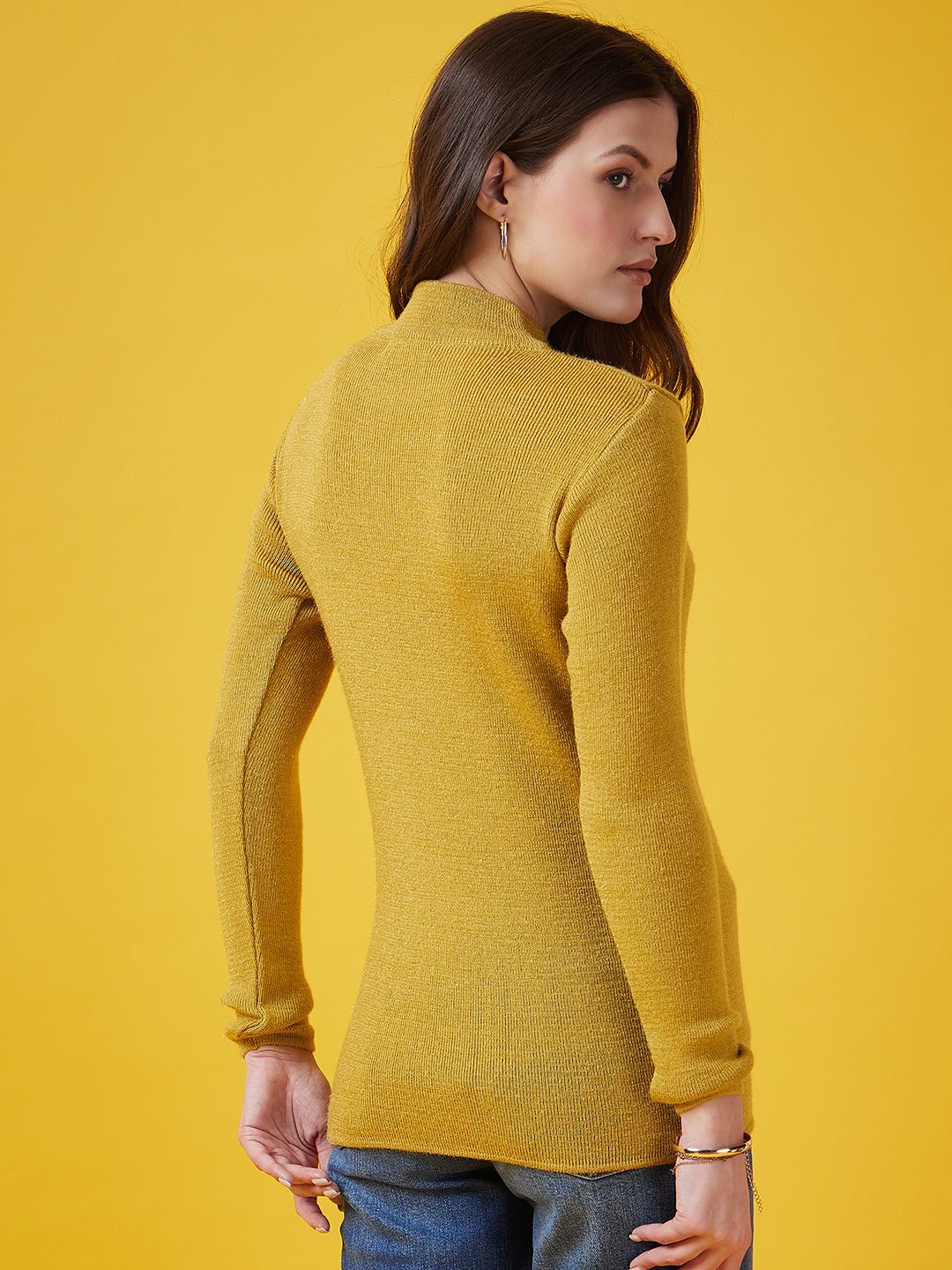 Wool Blend Crew Neck Full Sleeve Gold Top