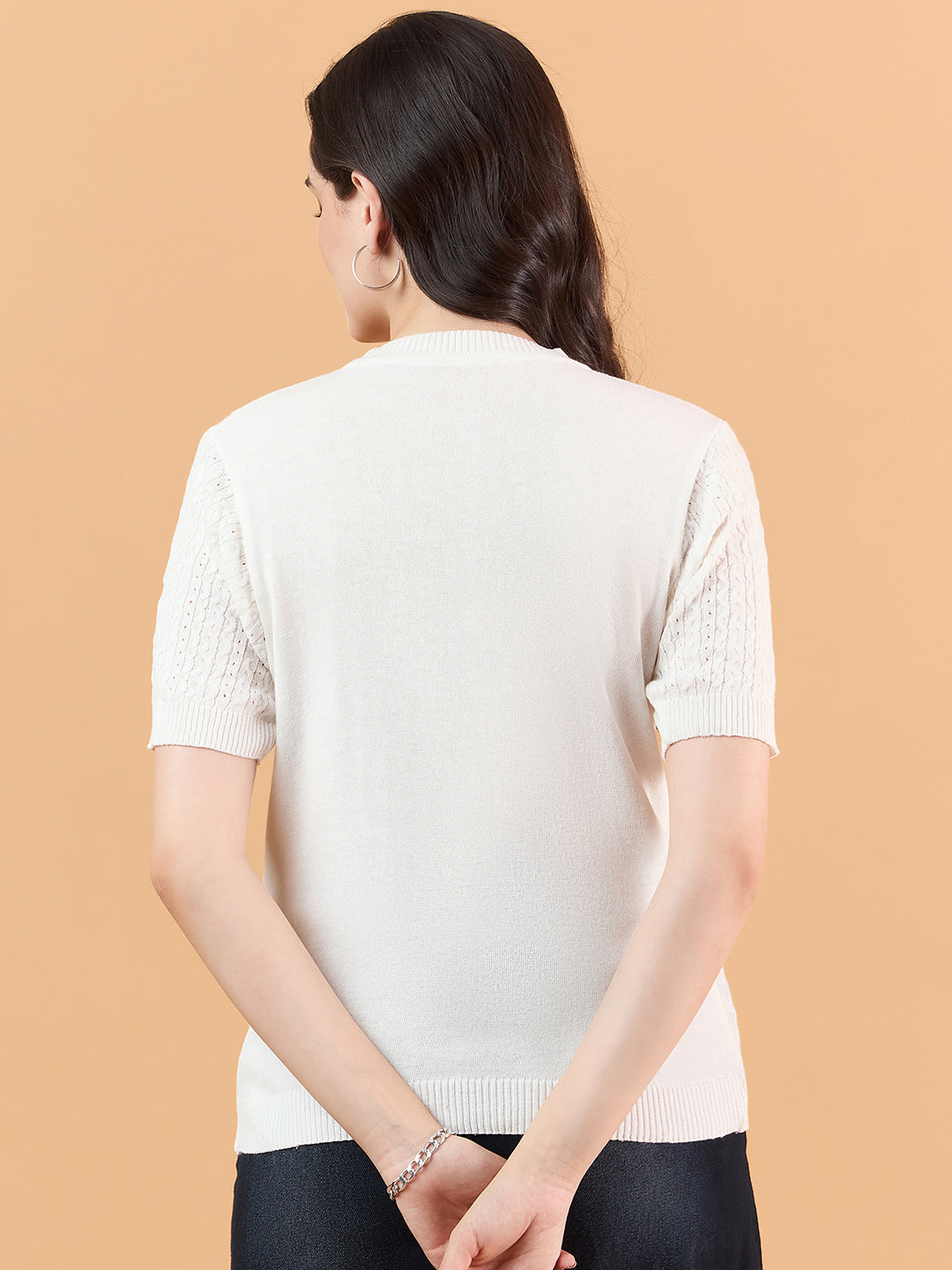Ladies Short Sleeve Knitted cotton T Shirt solid Color White
