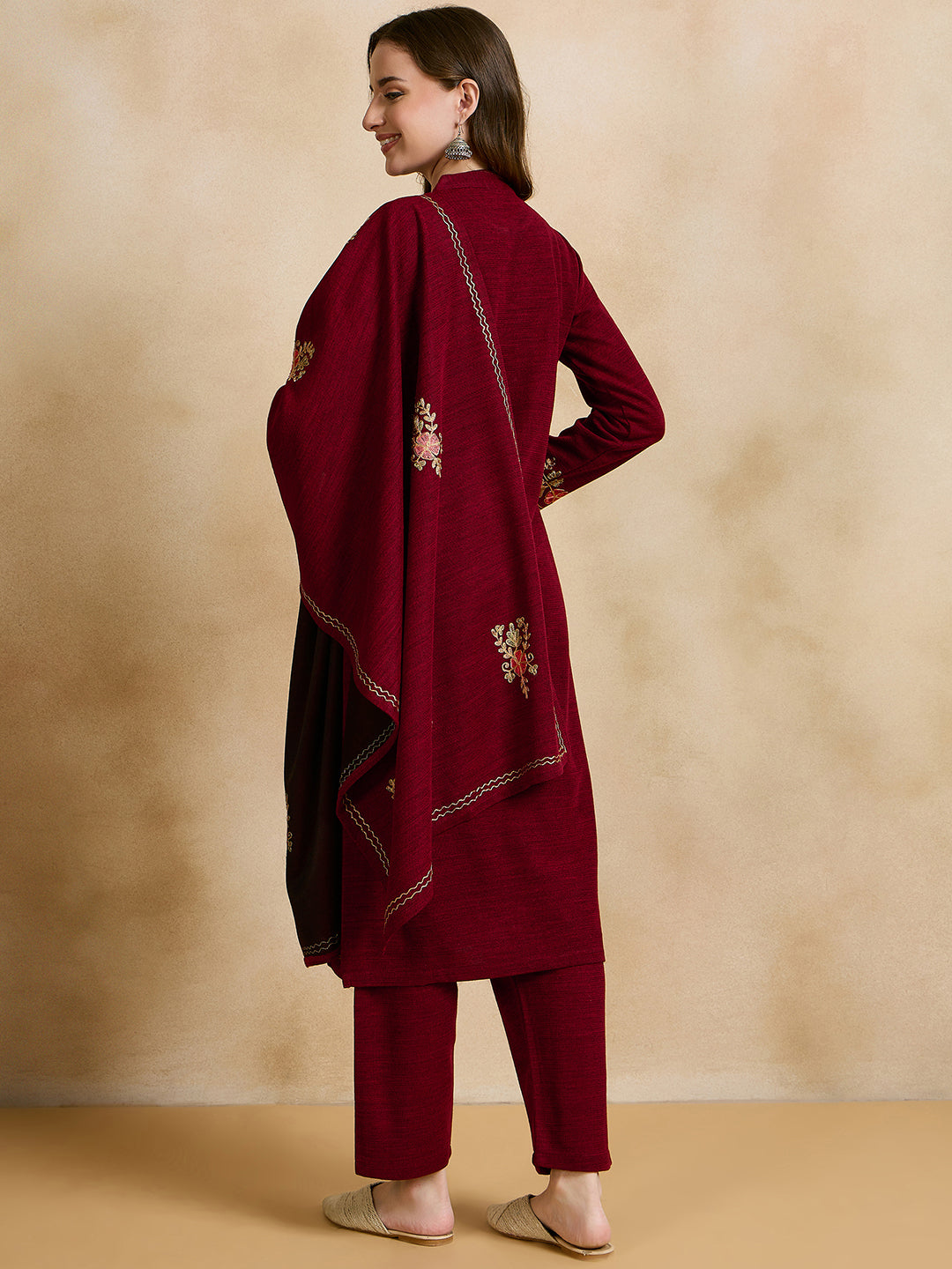 Clapton Embroidered Straight Kurta Pant With Dupatta Set Maroon