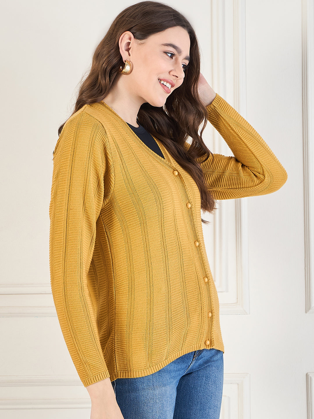 Wool Blend Round Neck cardigan Mustard