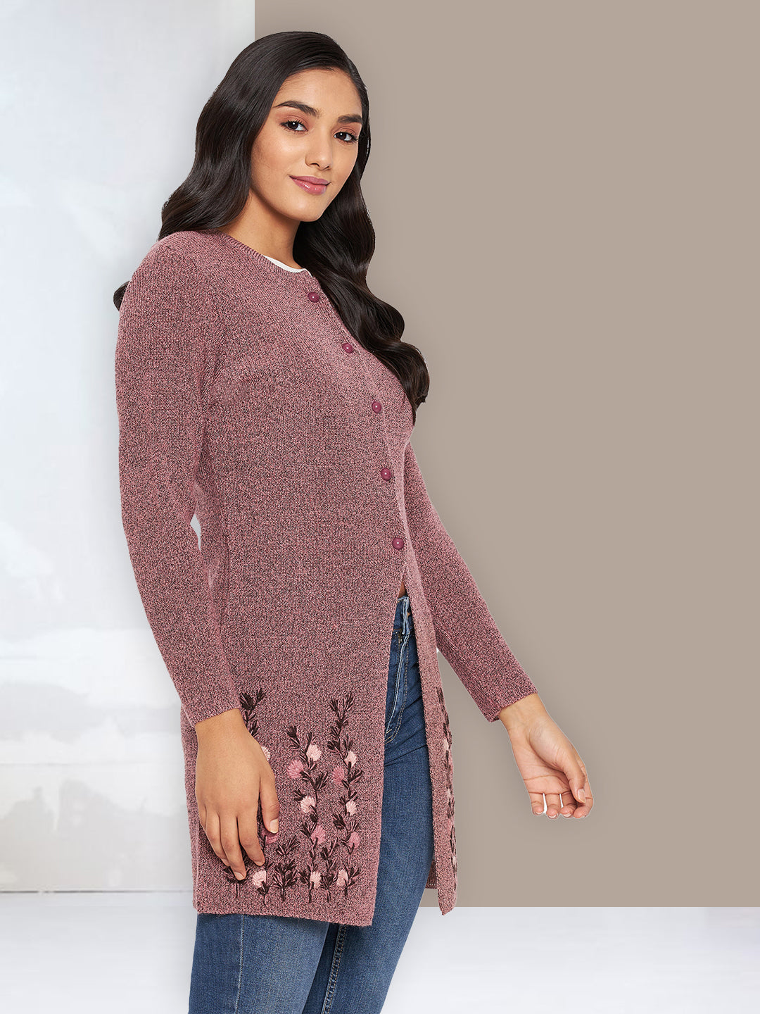 Wool Blend Round Neck Peach Long Shrug