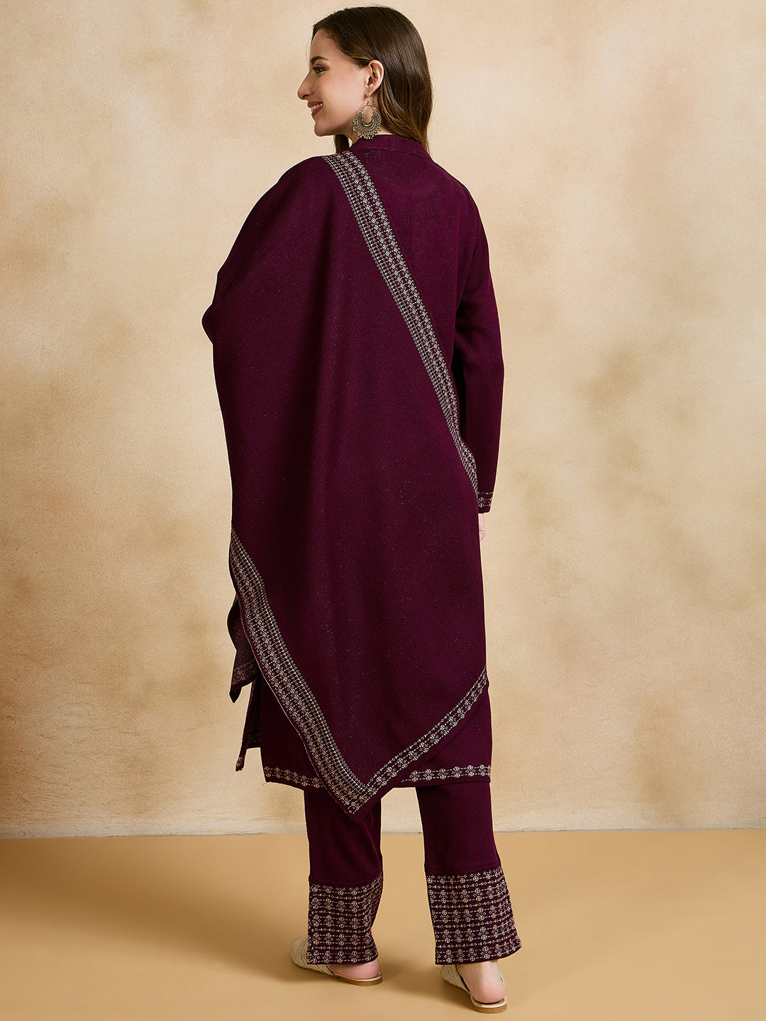 Clapton Embroidered Straight Kurta Pant With Dupatta Set Maroon