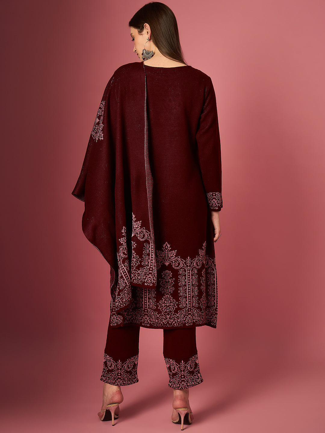 Clapton Embroidered Straight Kurta Pant With Dupatta Set Maroon