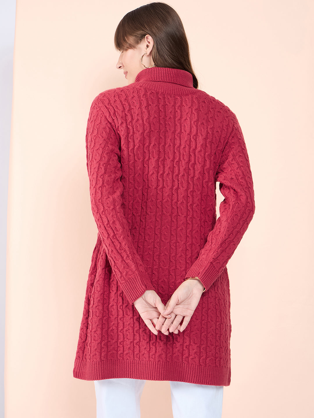 Clapton High Neck Cable Knitted Woolen Dress Rust