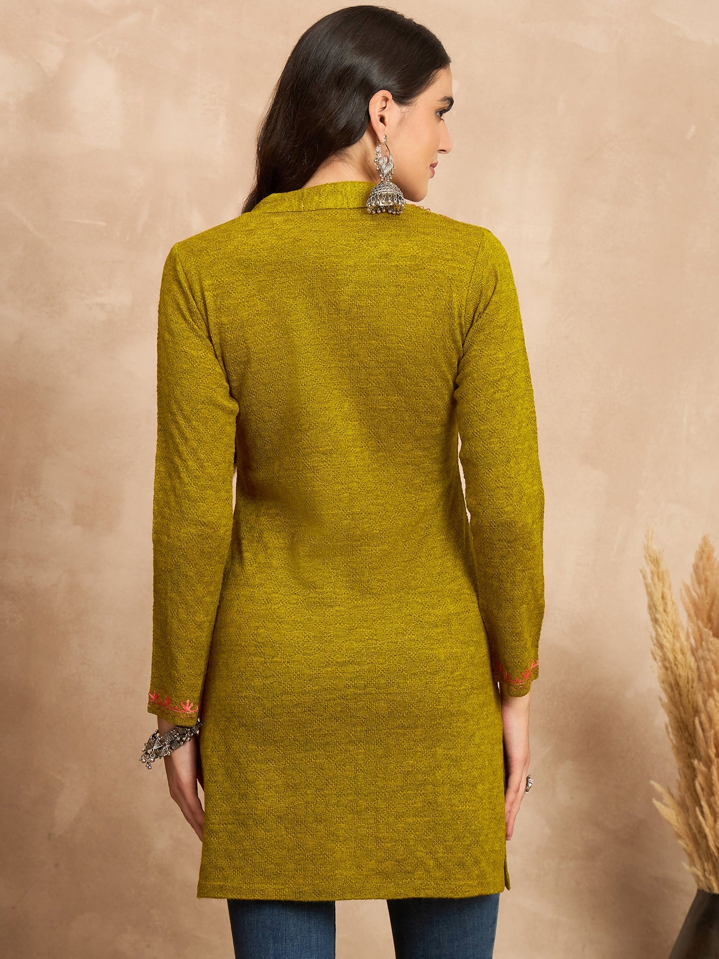 Women Multicolor Embroidered woolen Blend Kurta Gold Winter Wear