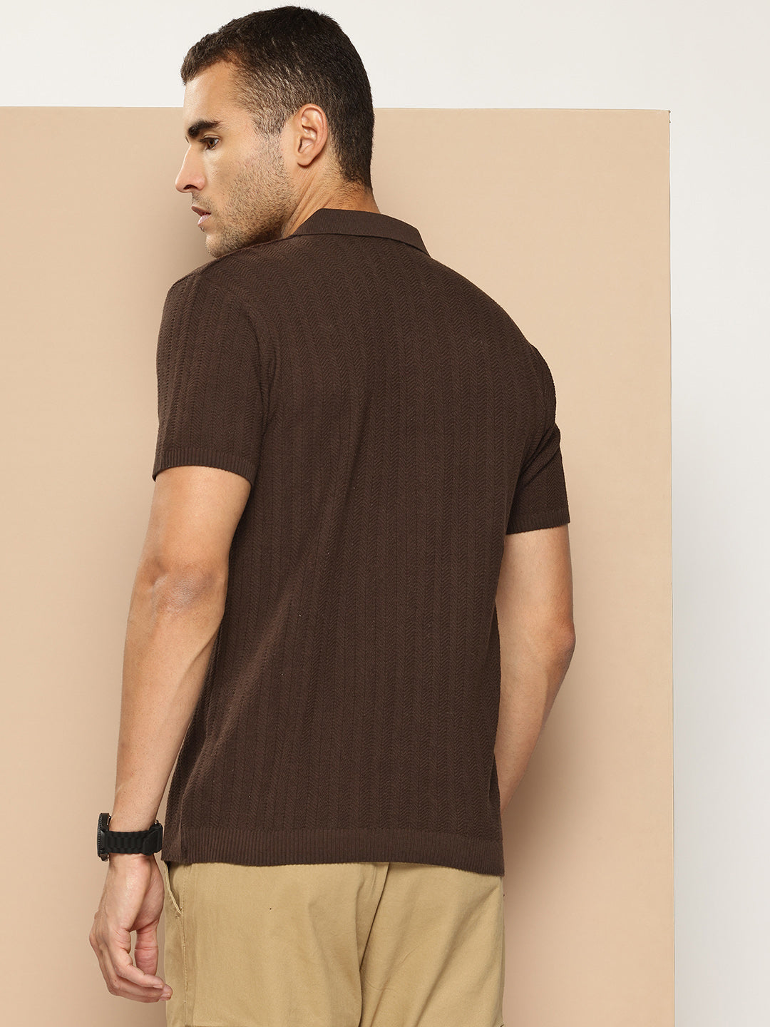 CLAPTON Men Knitted Textured Polo Collar T shirt Coffee