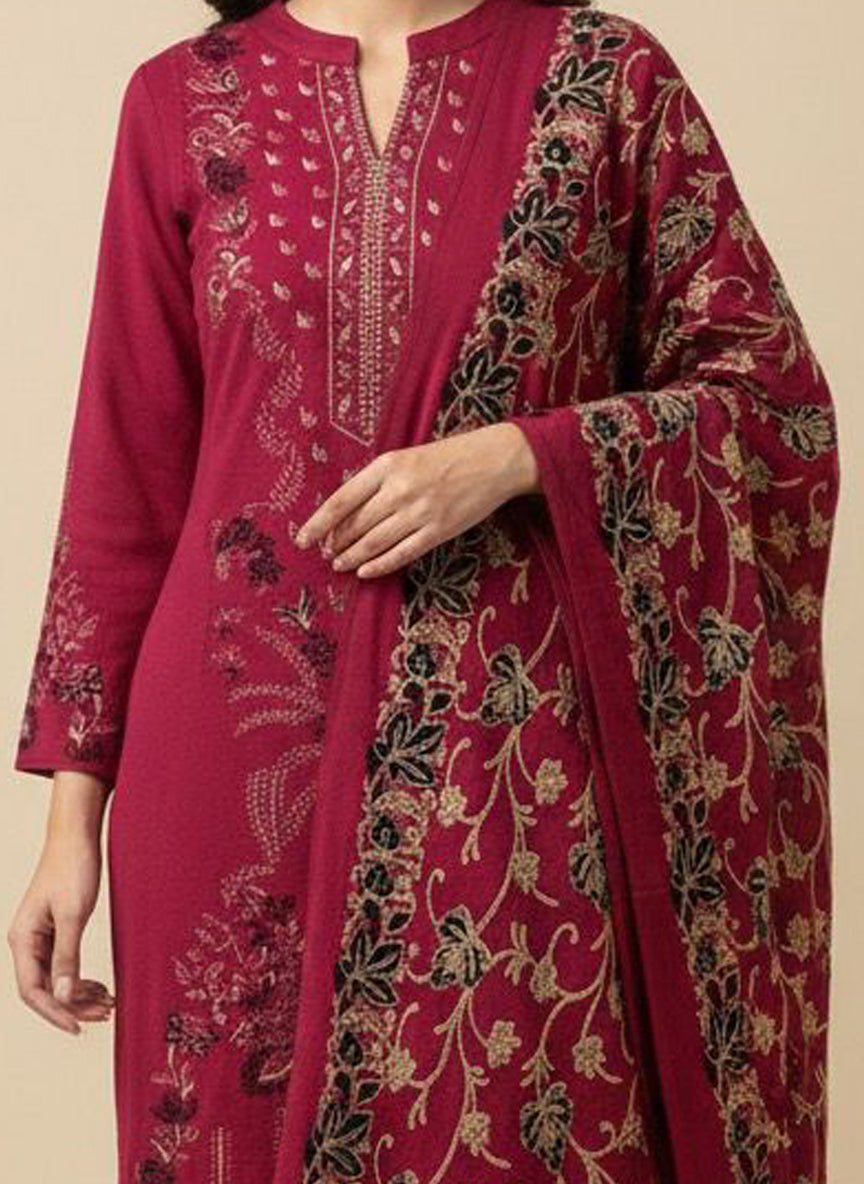 Clapton Embroidered wool blends for winter wear Straight-fit kurta with trousers and a dupatta (shawl) Pink