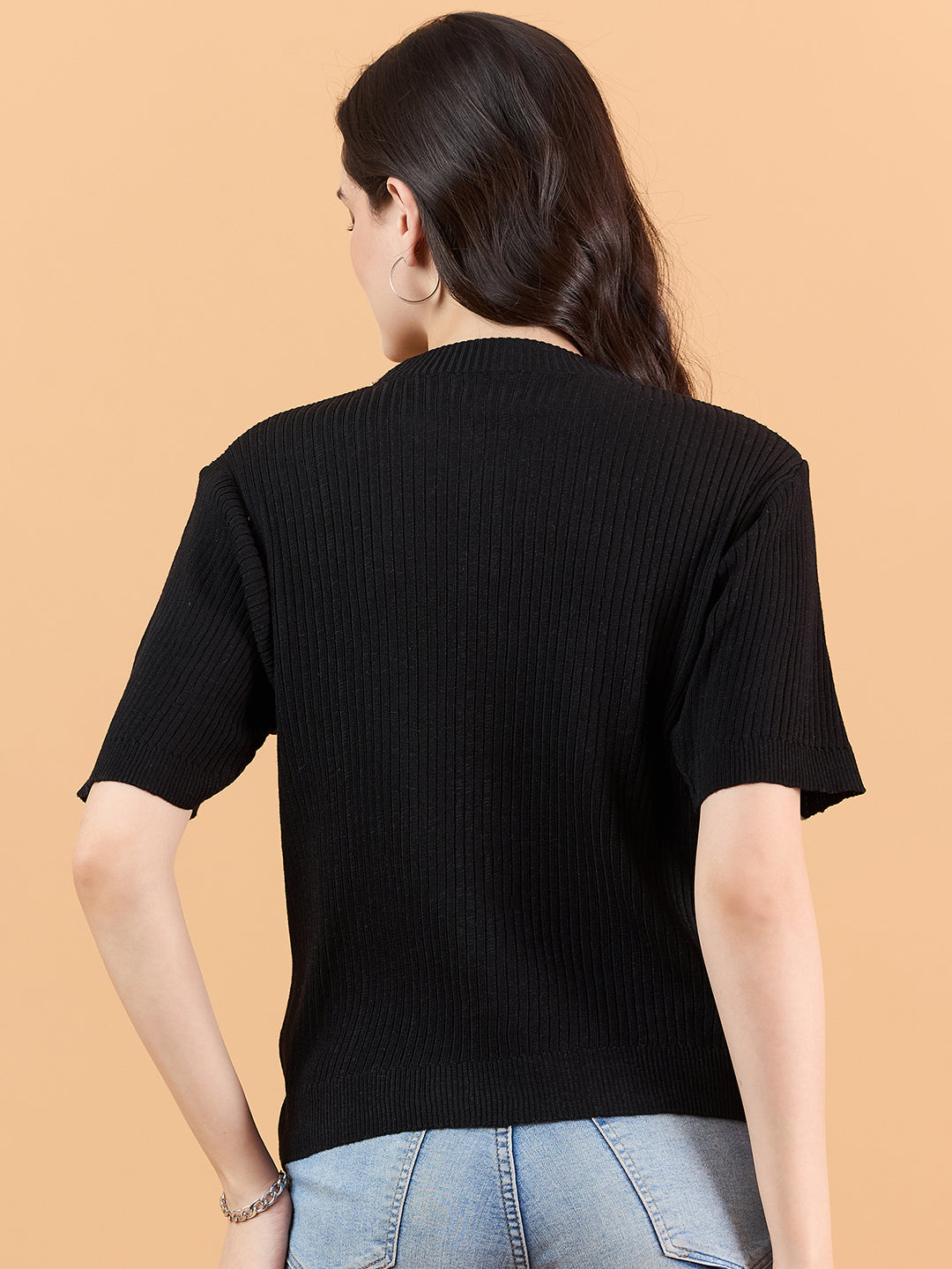 Ladies Short Sleeve Knitted cotton T Shirt solid Color Black