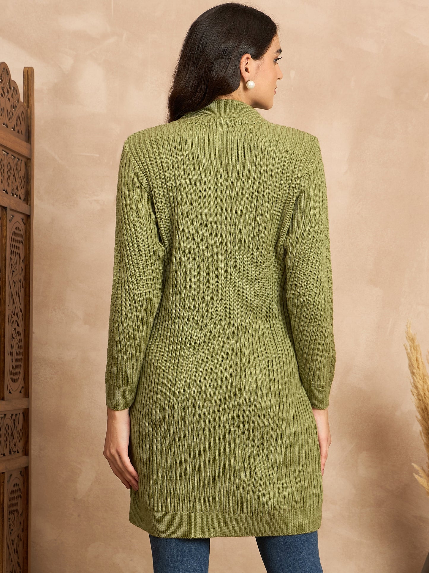 CLAPTON Women’s Wool Blend Ribbed Knit Tunic Sweater with Mock Neck & Full Sleeves Green