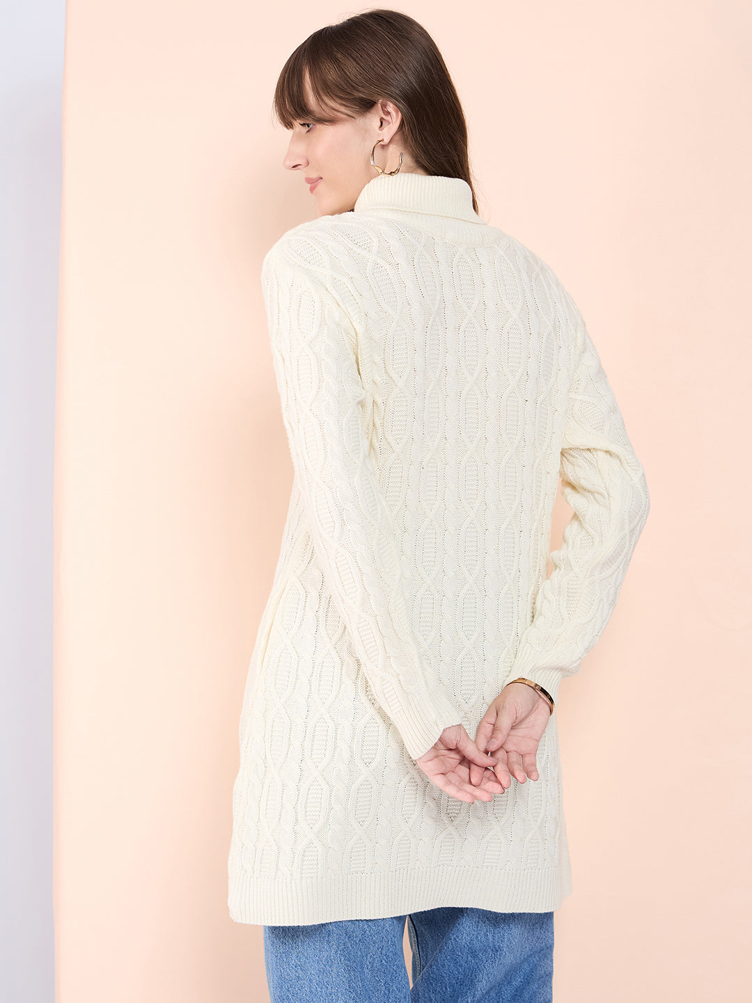 Clapton High Neck Cable Knitted Woolen Dress Cream