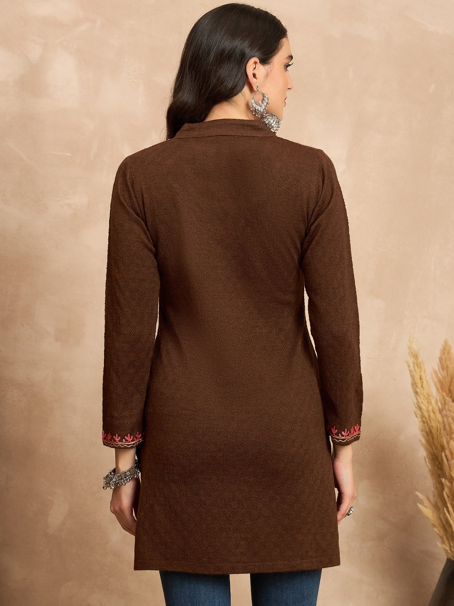 Women Multicolor Embroidered woolen Blend Kurta Maroon Winter Wear