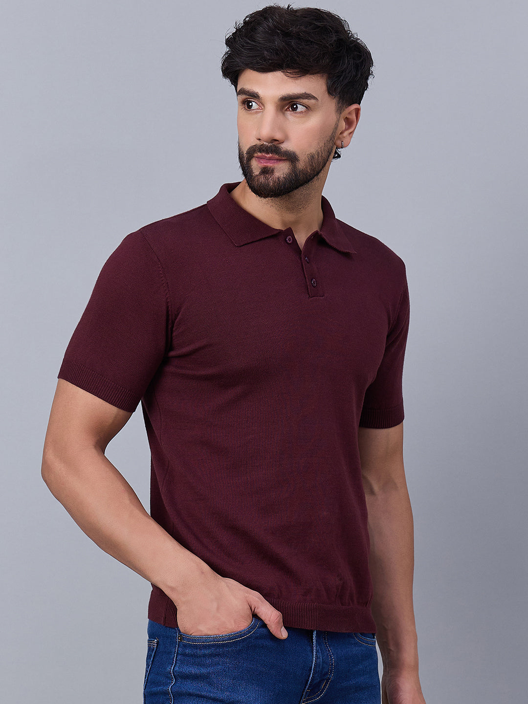 Men's Maroon Knitted Polo T-shirt