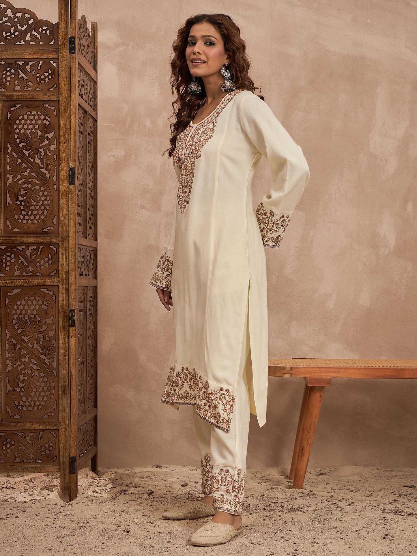 Woolen Embroidered 2-piece winter wear Kurti & Pant Set White