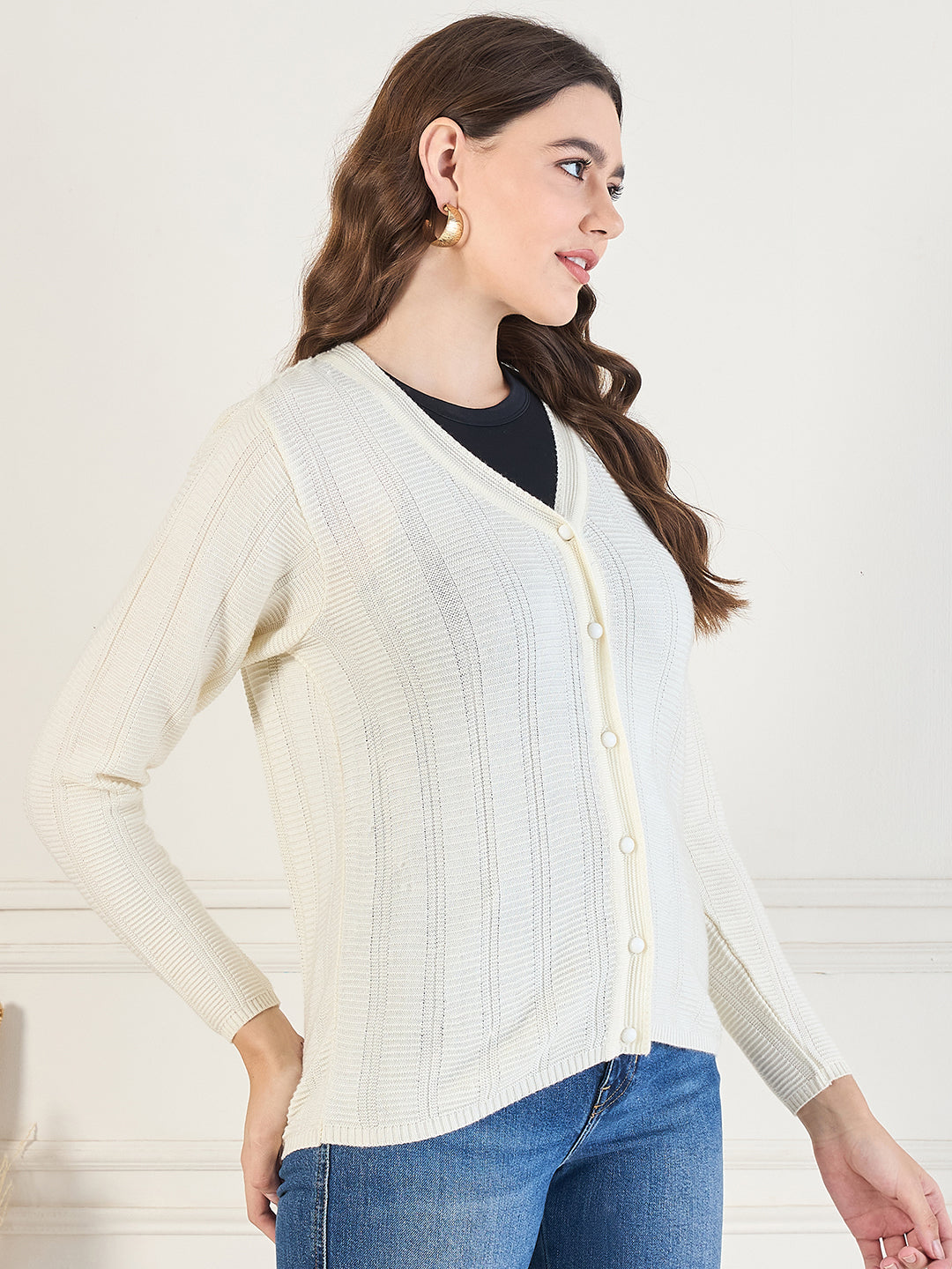 Wool Blend Round Neck cardigan off white