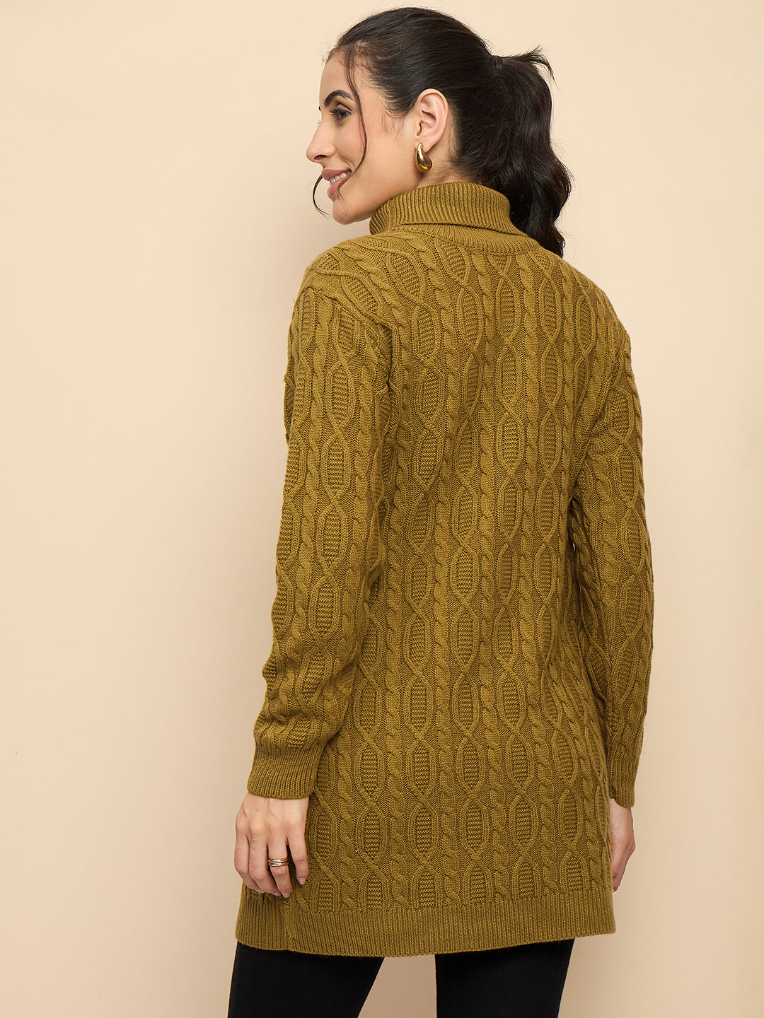 Clapton High Neck Cable Knitted Woolen Dress Gold