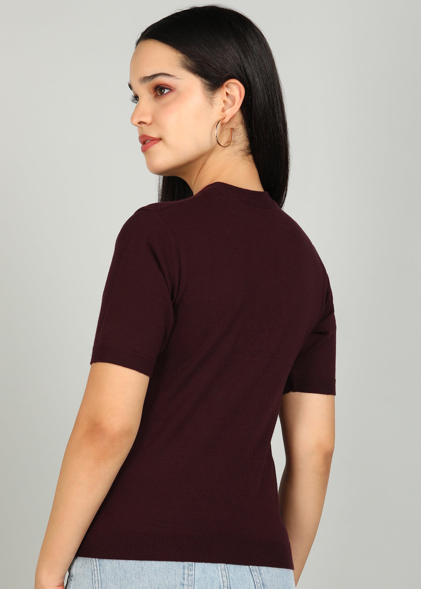 Women Solid Color Round Neck Half Sleeve Viscose T-Shirt Wine
