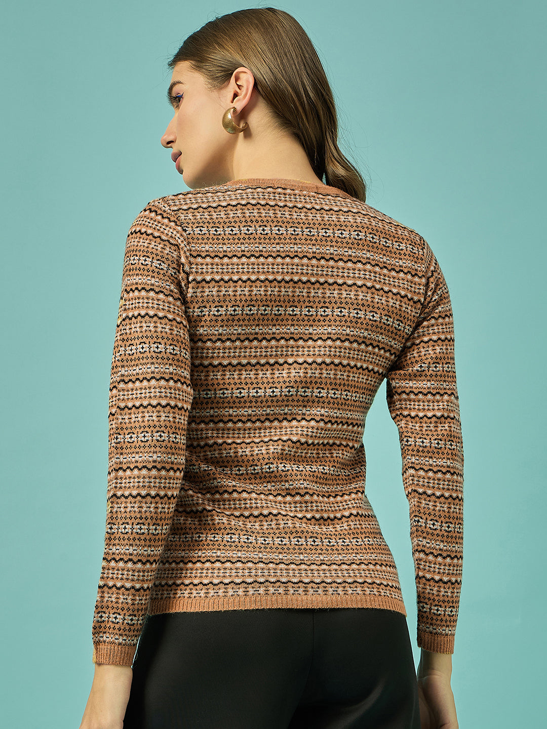 Women Gold Self Striped Round Neck Cardigan