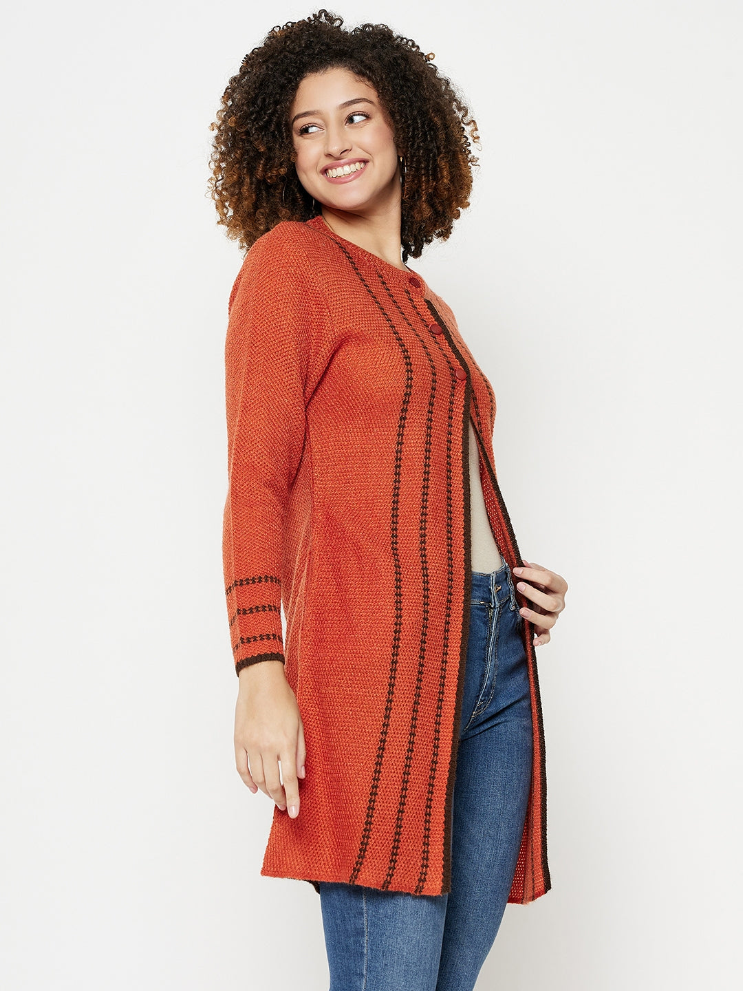 Wool Blend Round Neck Rust Long Shrug