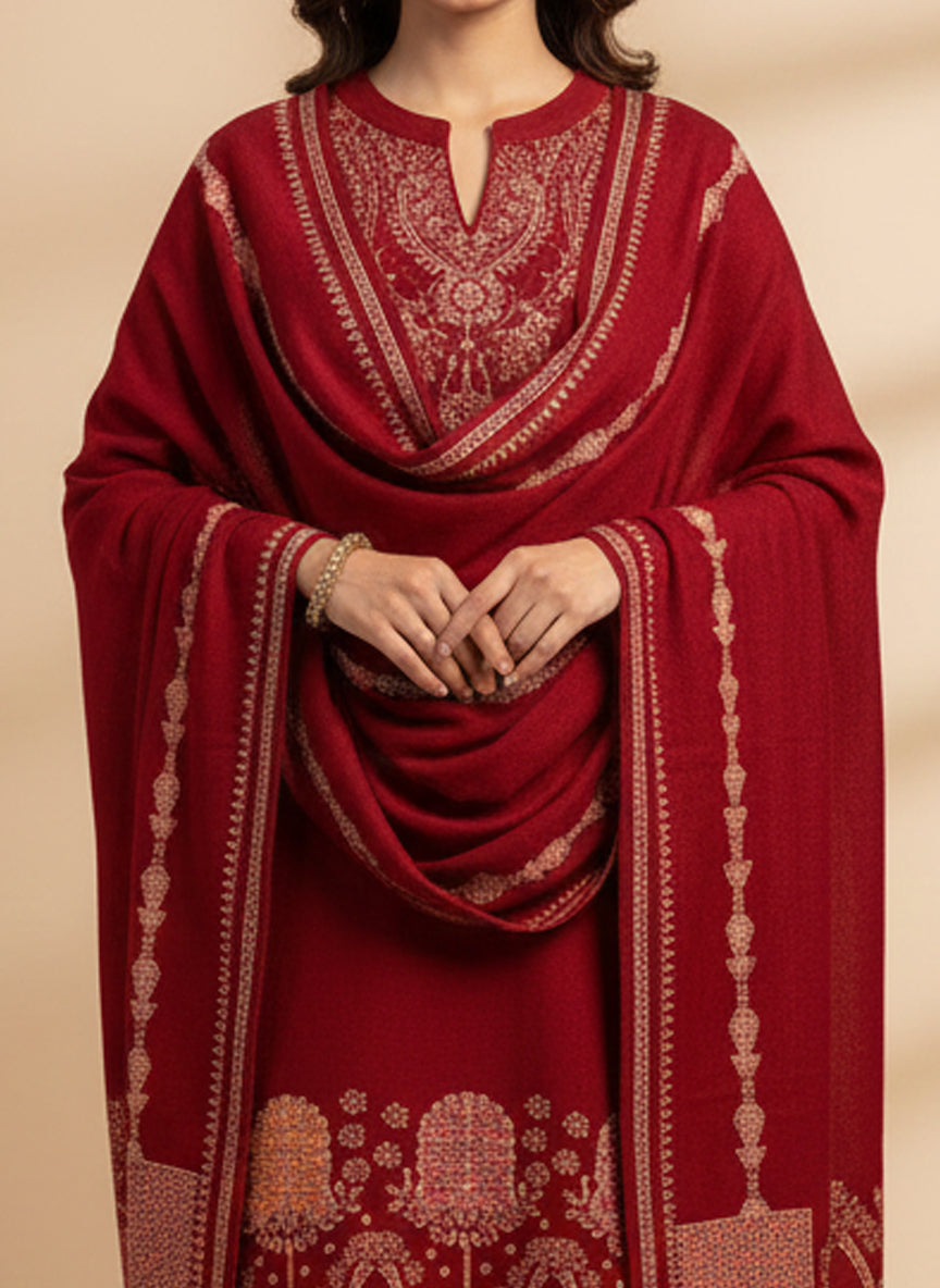 Clapton Embroidered wool blends for winter wear Straight-fit kurta with trousers and a dupatta (shawl) RED