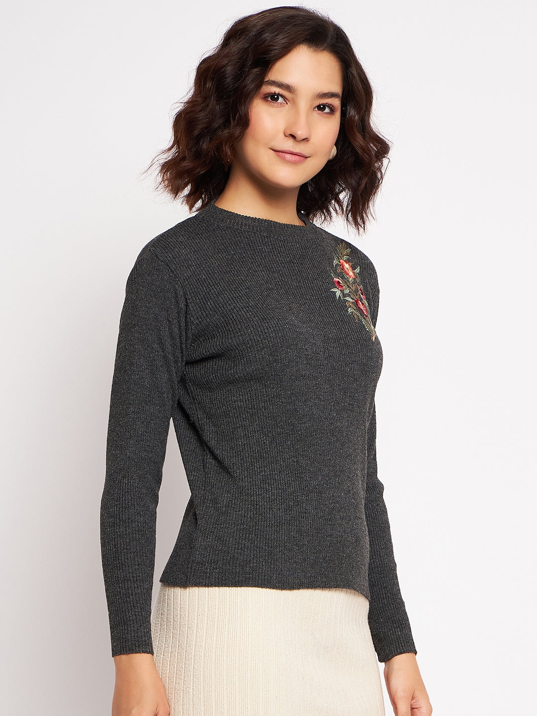 Wool Blend Round Neck Grey Top With Embroidery