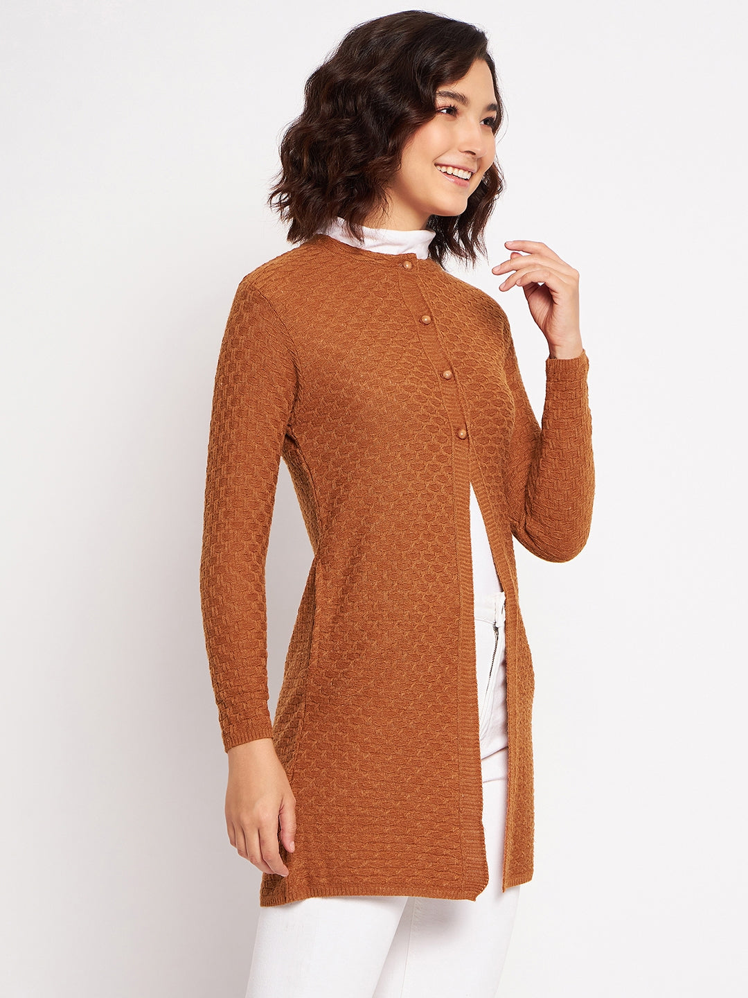 Wool Blend Round Neck Saffron Long Shrug