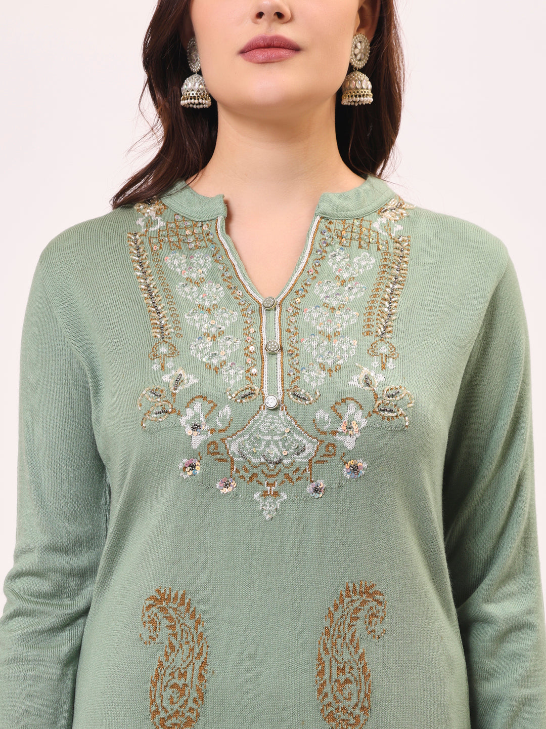 Clapton Pure Wool Winter Wear Embroidered Straight Kurta Pant With Dupatta Set Pista