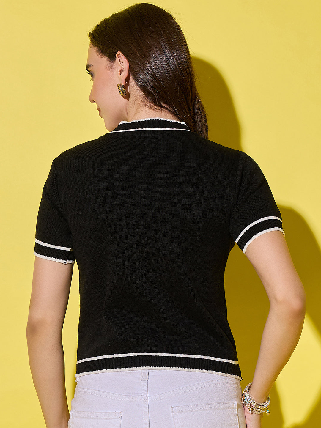Women Striped Round Neck Pure Cotton T-Shirt Black