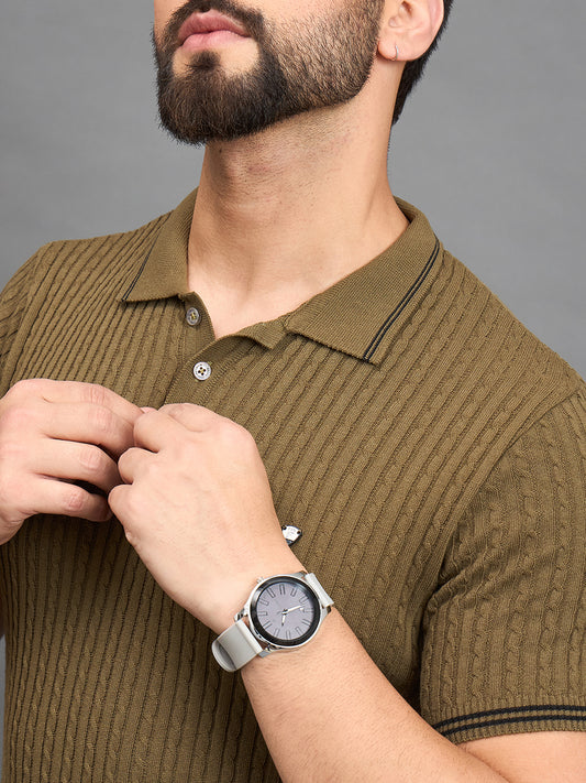 CLAPTON Men Knitted Polo Collar T-shirt Mehndi