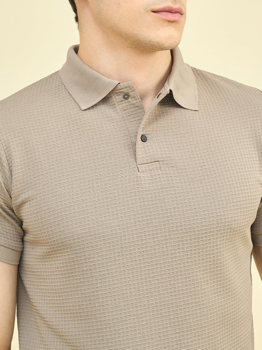 CLAPTON Men Knitted Textured Polo Collar T-shirt Grey