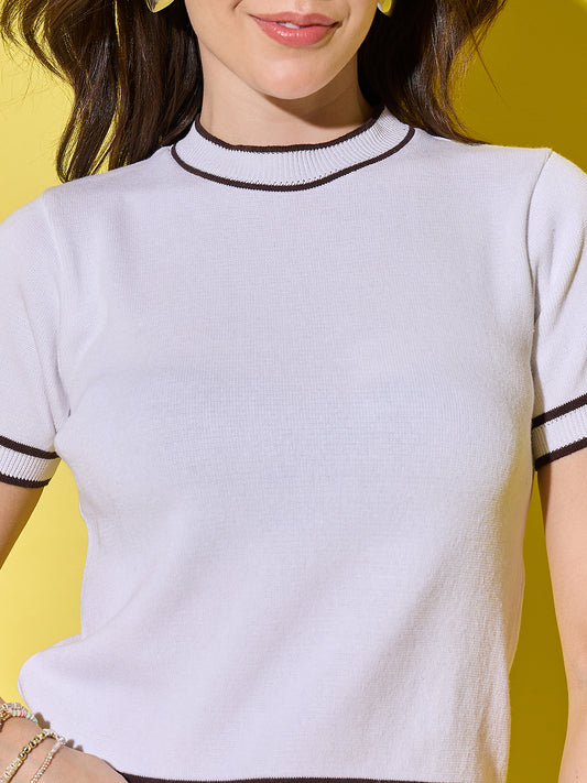 Women Striped Round Neck Pure Cotton T-Shirt White-Brown