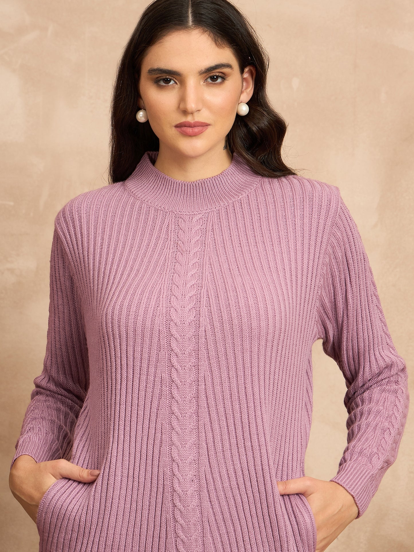 CLAPTON Women’s Wool Blend Ribbed Knit Tunic Sweater with Mock Neck & Full Sleevees Pink