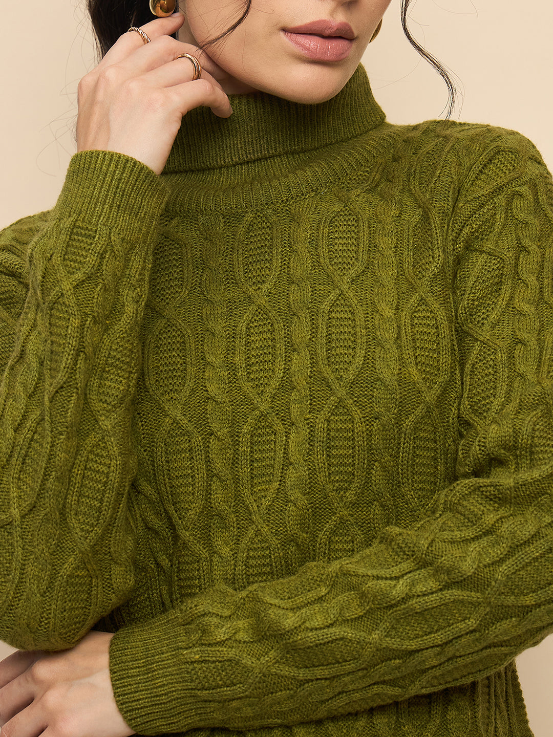 Clapton High Neck Cable Knitted Woolen Dress Green