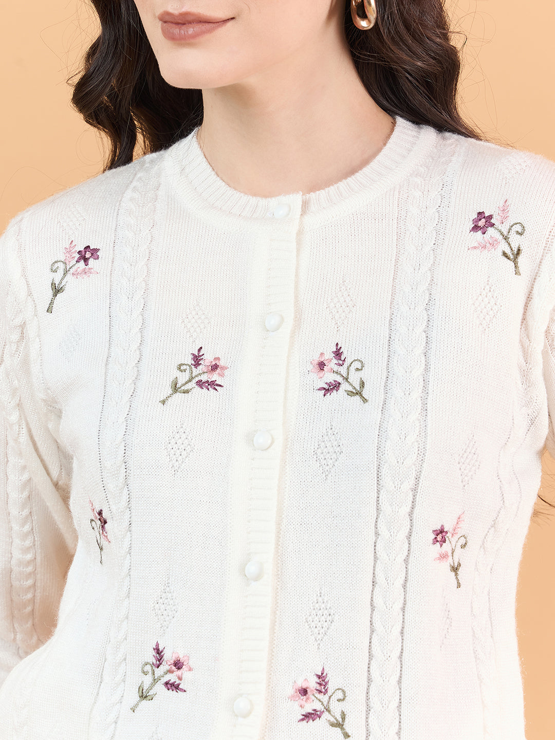 Clapton Floral Embroidered Full Sleeve Cardigan Sweaters for Women Girls White