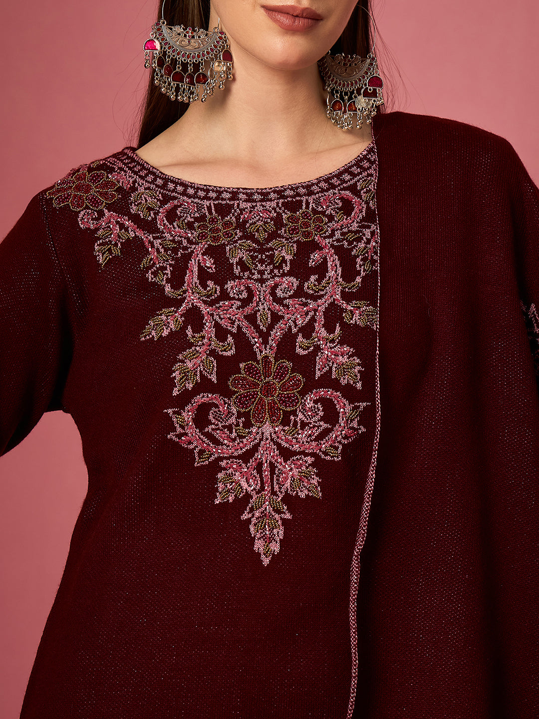 Clapton Embroidered Straight Kurta Pant With Dupatta Set Maroon