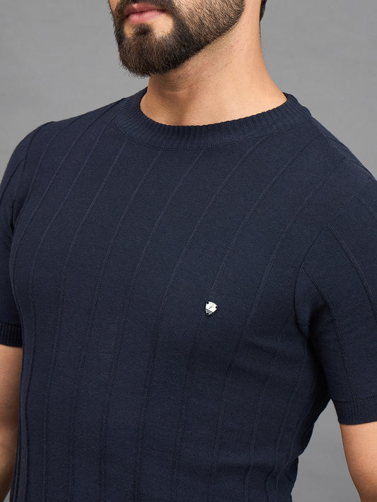 CLAPTON Men Knitted Round Neck T-shirt Navy